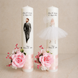 set 2 lumanri nunta personalizate siluete mire mireasa aranjament floral