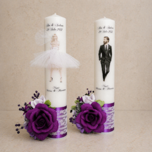 Alternative view of Set 2 Lumanari Personalizate Nunta H40, Siluete Mire Mireasa, Aranjament Floral