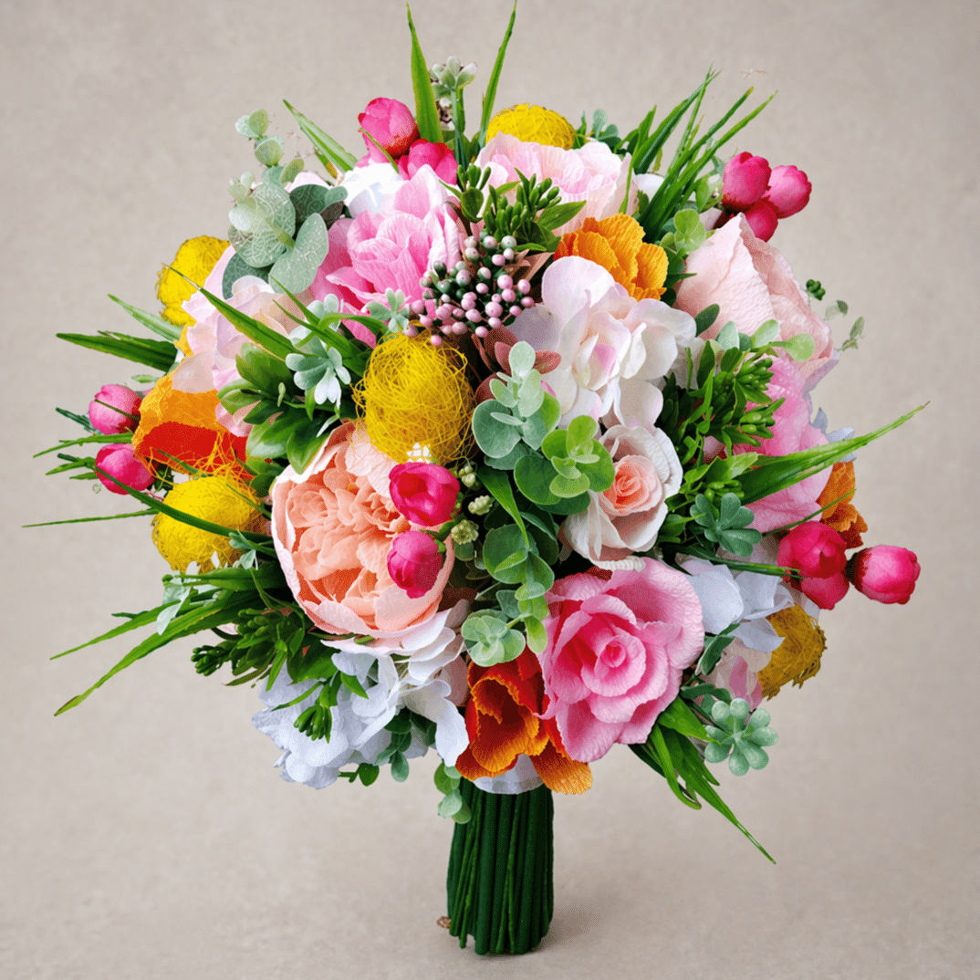 Buchet mireasă multicolor cu aspect natural – buchet nuntă din flori artificiale și verdeață