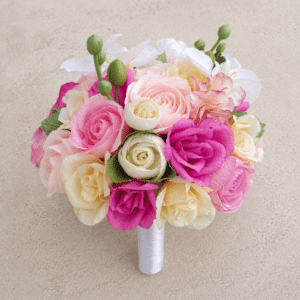 buchet nunta flori artificiale orhidee miniroze culori pastel