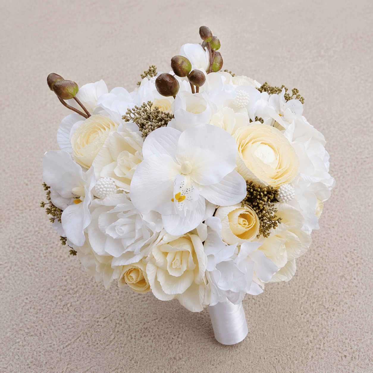 Buchet Mireasă Alb Crem cu Orhidee și Trandafiri, Buchet Elegant din Flori Artificiale cu Perle - imagine 2