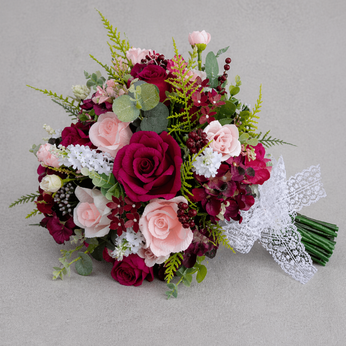 Buchet Mireasă Visiniu cu Roz și Verdeata, Buchet Elegant din Flori Artificiale cu Aspect Natural - imagine 2