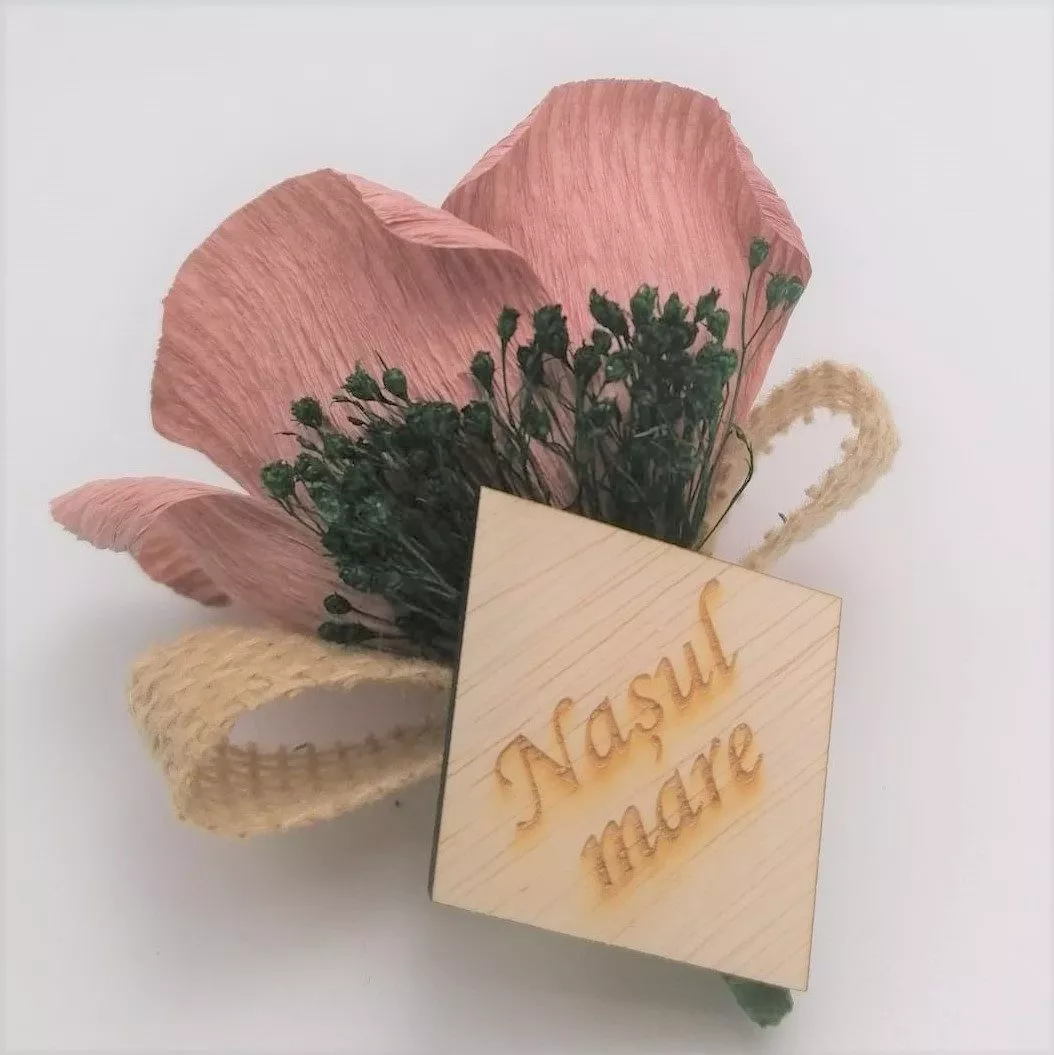 Cocarda Nunta, Floare de pus in piept, Trandafir Hartie Crem Inchis Boho Chic - imagine 3