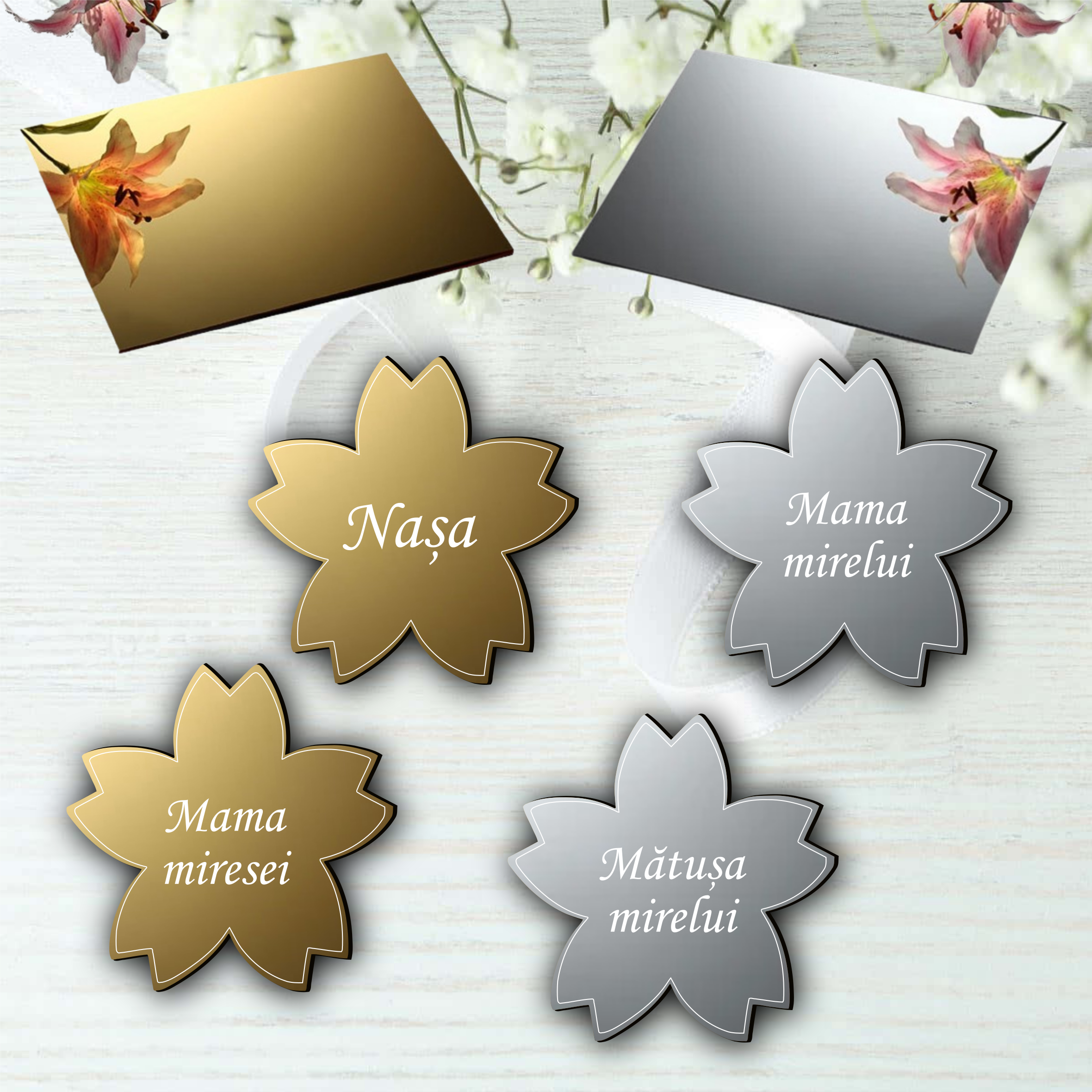 Cocarde Personalizate Oglinda Auriu/Argintiu, Insigne Nunta, Floare