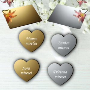 Cocarde Personalizate Oglinda Auriu/ Argintiu, Insigne Nunta/Botez, Inima