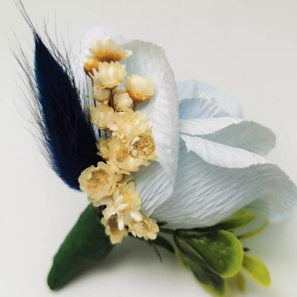 Cocarda Nunta, Floare de pus in piept, Trandafir Hartie Albastru Deschis - imagine 3