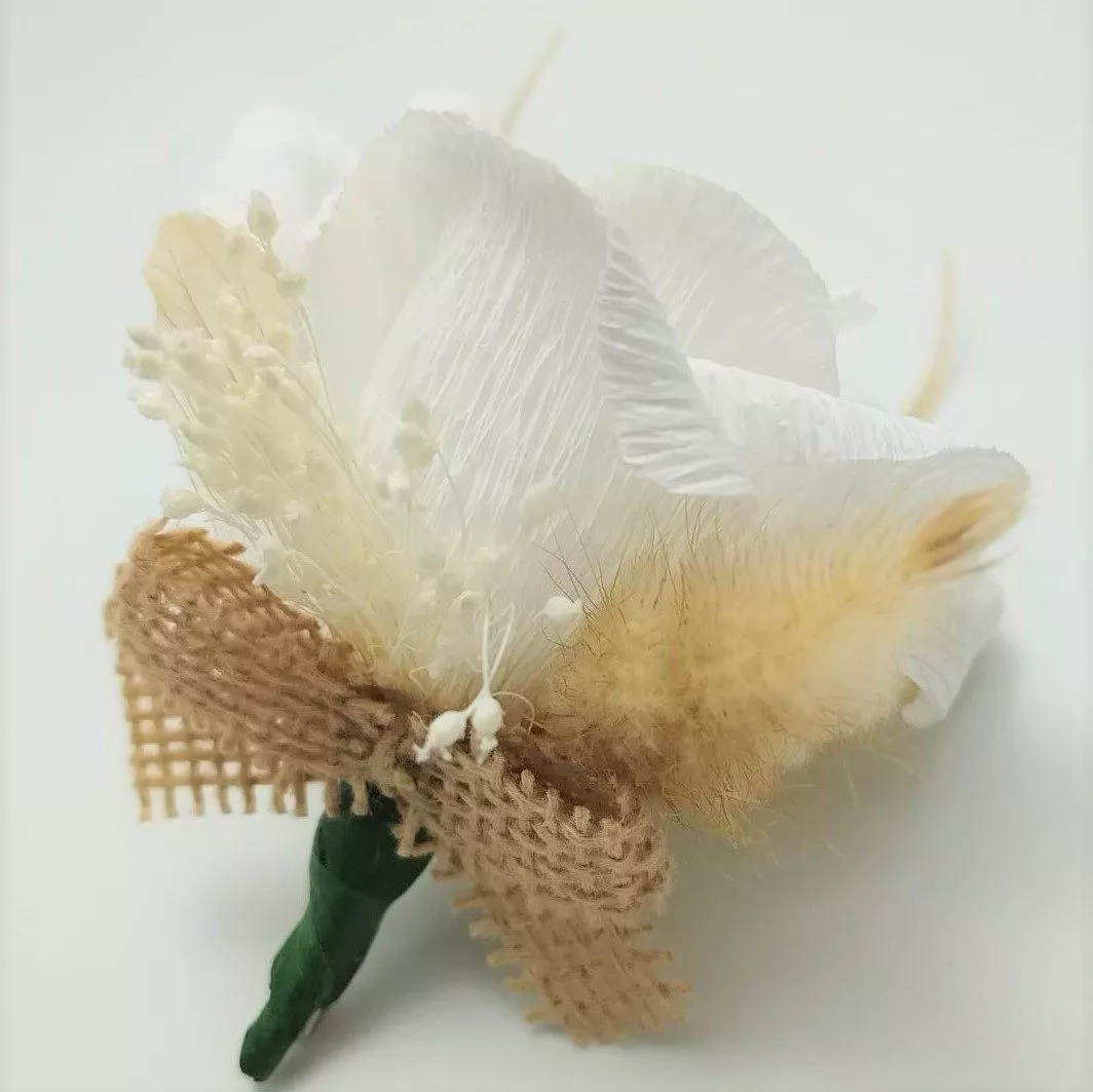 Cocarda Nunta, Floare de pus in piept, Trandafir Hartie Alb Boho Chic - imagine 3