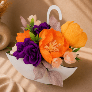 Alternative view of Aranjament Floral cu Bujori și Trandafiri din Hârtie în Cutie Tip Umbreluță din Lemn