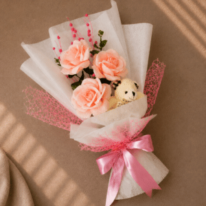 Buchet Trandafiri Hartie Roz Pudra cu Ursulet Plus
