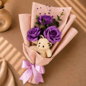 Buchet Trandafiri Hartie Mov cu Ursulet Plus