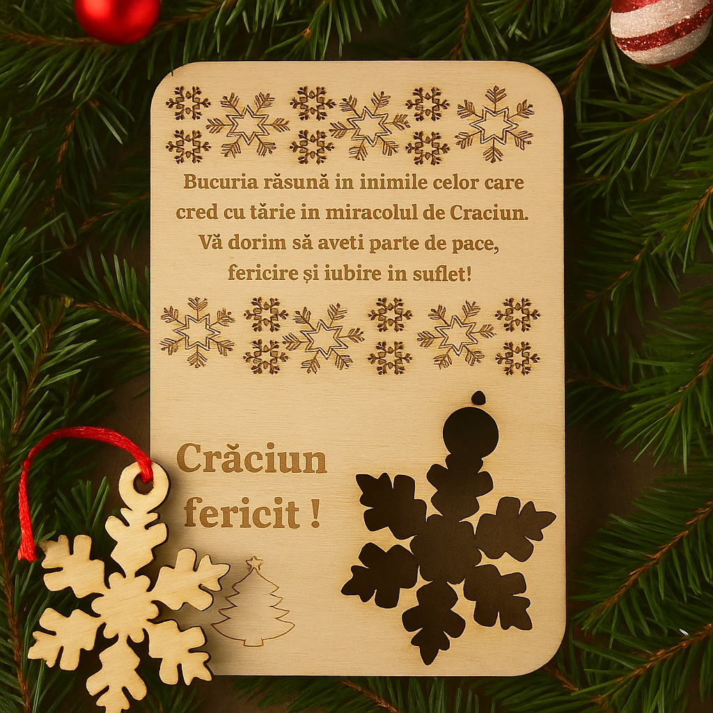 Felicitare Craciun din lemn cu glob detasabil