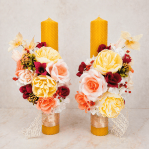 Set 2 Lumânări Nuntă Tip Fagure cu Bujori și Orhidee