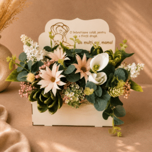 Aranjament Floral Cadou pentru Mama, Cutie Tip Plic din Lemn, Flori din Hârtie, Nuante Alb-Verde
