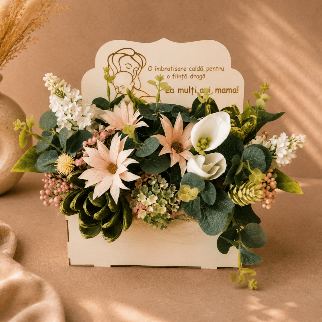 Aranjament Floral Cadou pentru Mama, Cutie Tip Plic din Lemn, Flori din Hârtie, Nuante Alb-Verde
