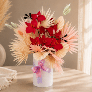 Aranjament floral in Cutie Cilindirca, Orhidee si Frunze Palmier
