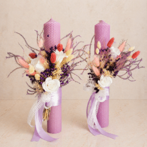 set 2 lumanari nunta tip fagure mov flori uscate