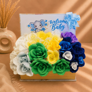 Aranjament Floral Baby Shower în Cutie Tip Carte, Cadou pentru Proaspăta Mămică Baiețel