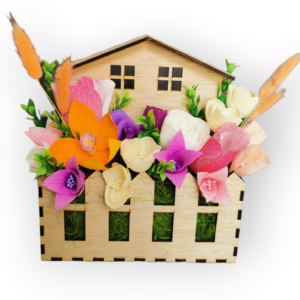 Aranjament floral casuta, Cadou aniversare, Flori hartie