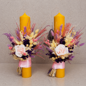 set 2 lumanari nunta tip fagure aranjament trandafir si flori uscate