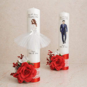 Alternative view of Set 2 Lumanari Personalizate Nunta H40, Siluete Mire Mireasa, Aranjament Floral