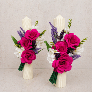 Alternative view of Set 2 Lumânări Nuntă Tip Fagure H40 cu Trandafiri, Frezii si Lavanda