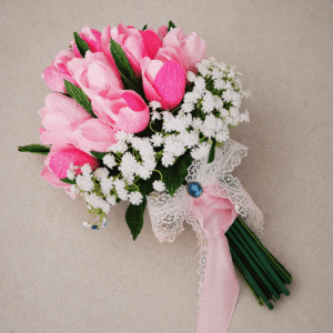 buchet mireasă lalele roz din hârtie