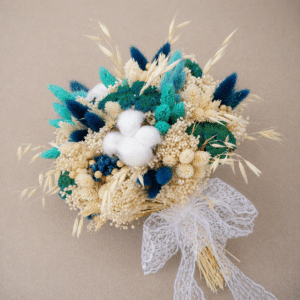 buchet nunta flori uscate bumbac culori albastru crem