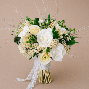buchet mireasa flori uscate flori hartie nuante alb verde