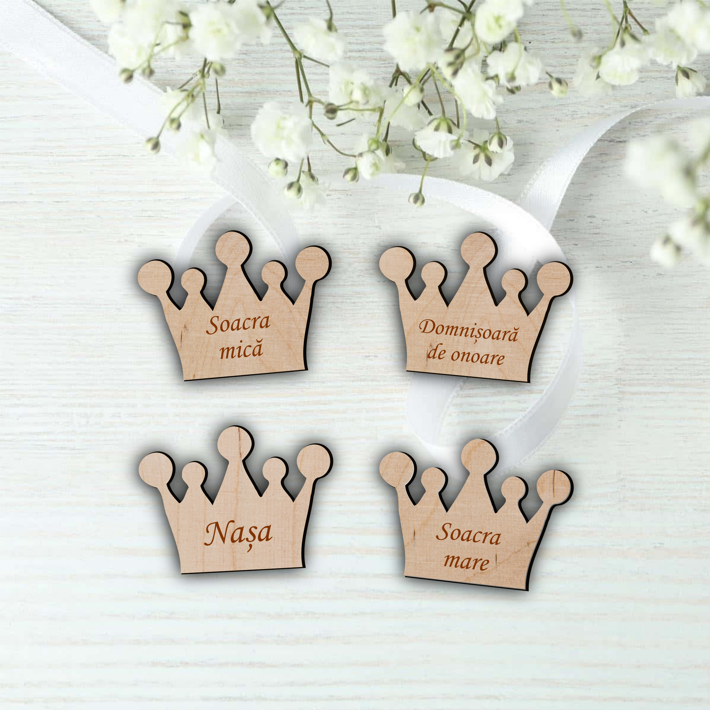 Cocarde Personalizate Lemn, Insigne Nunta, Coronita