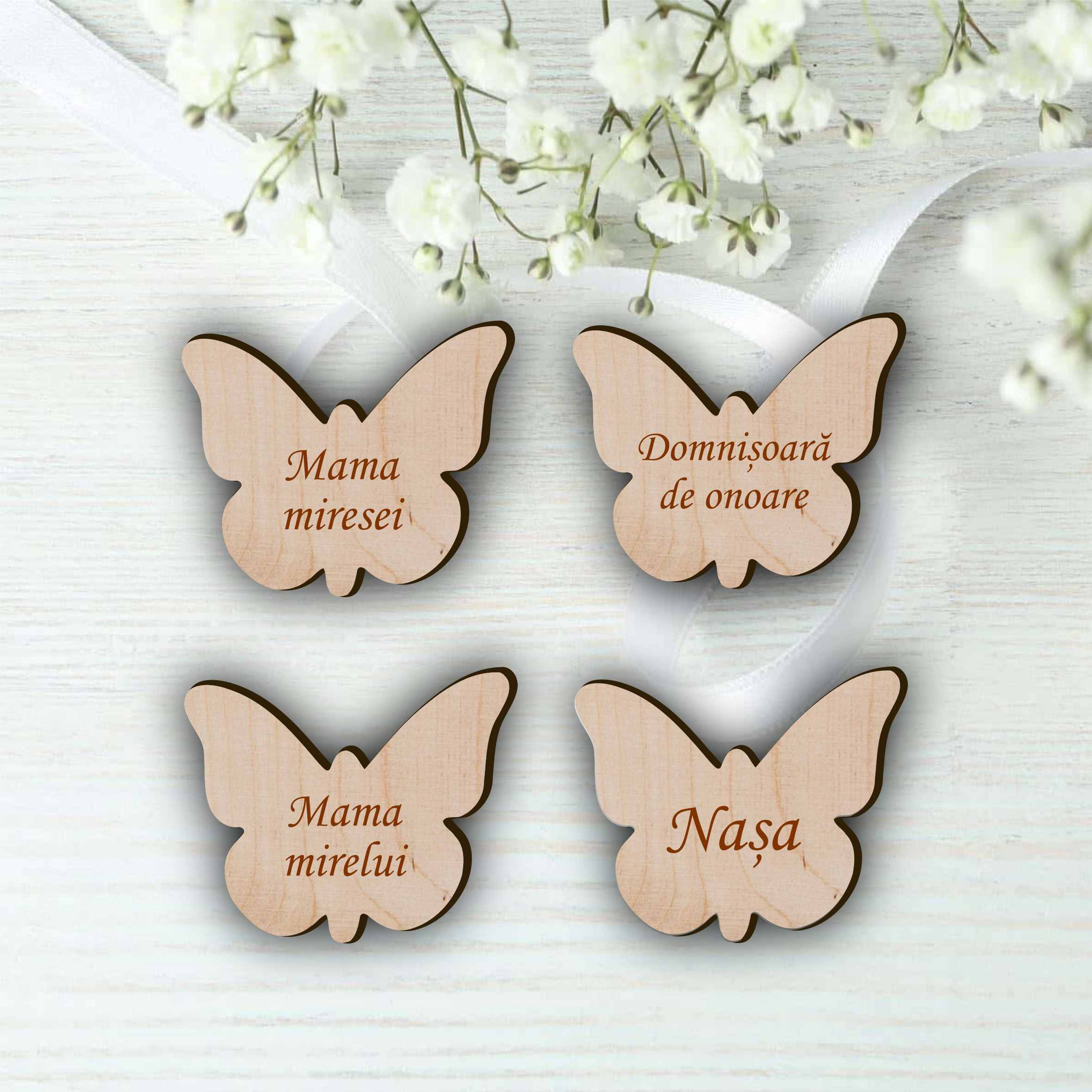 Cocarde Personalizate Lemn, Insigne Nunta, Fluture