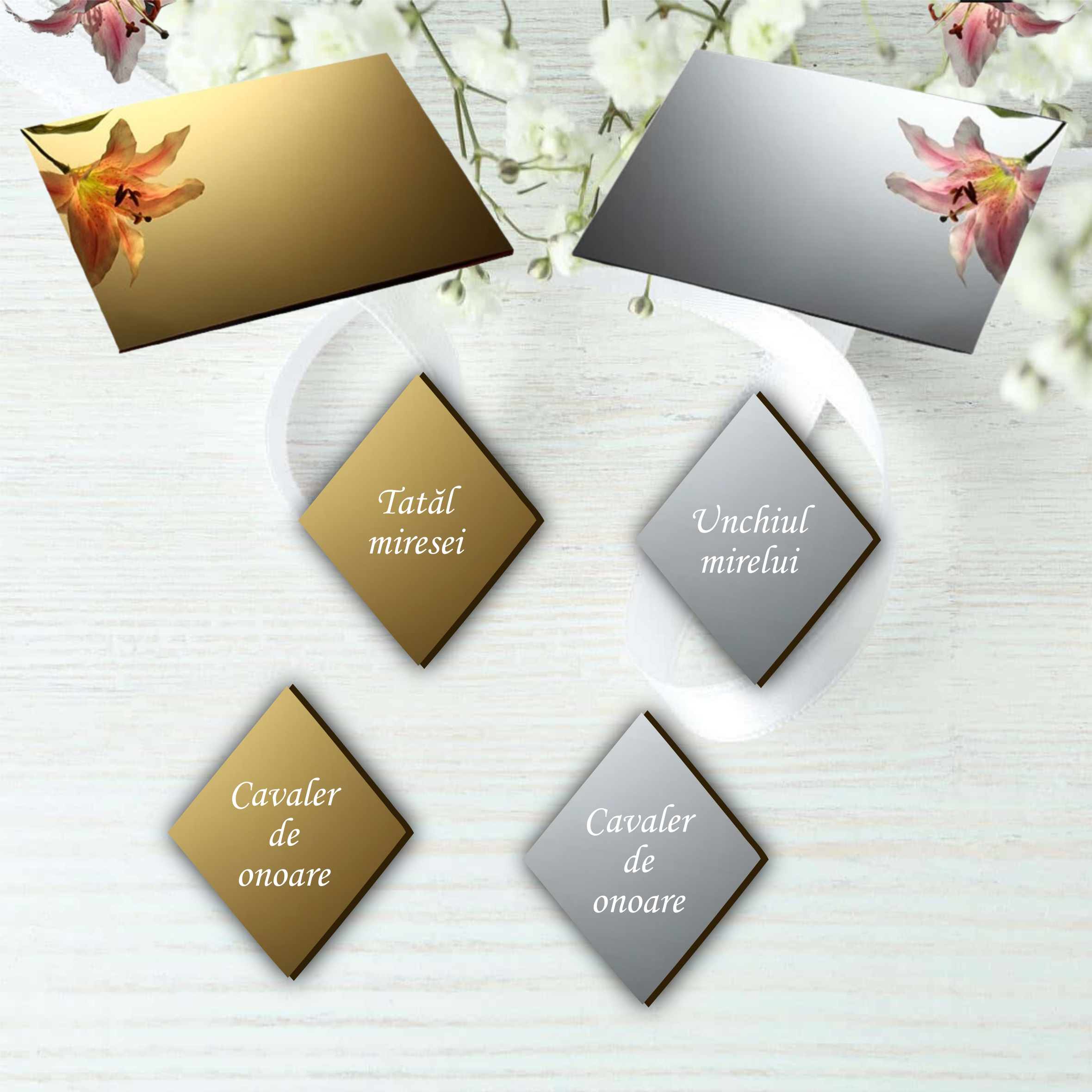 Cocarde Personalizate Oglinda Auriu/Argintiu, Insigne Nunta, Romb