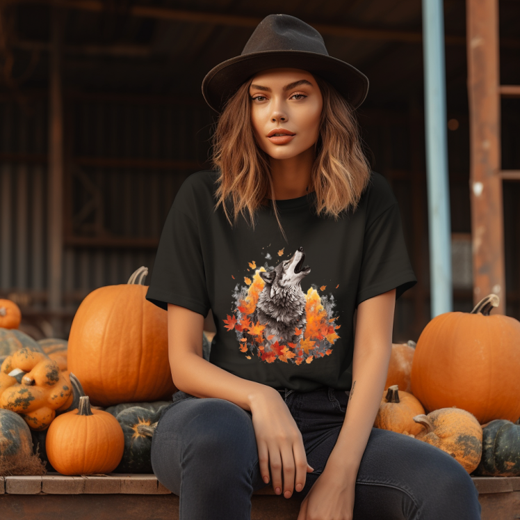 Tricou Unisex Toamna, Wolf Fall Leaves - imagine 2