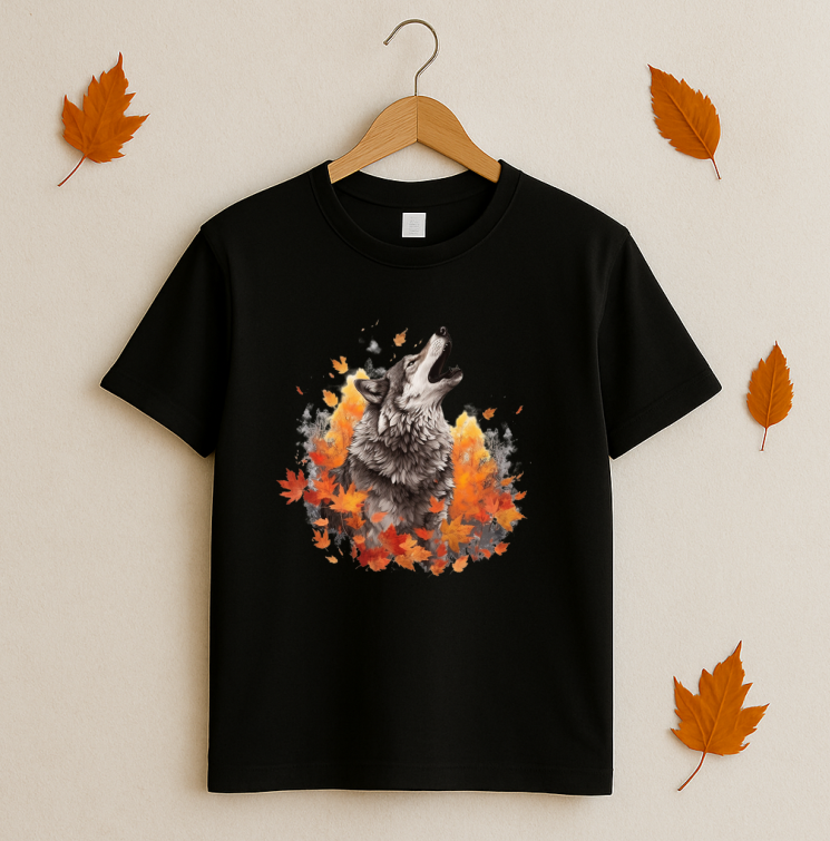 Tricou Unisex Toamna, Wolf Fall Leaves - imagine 3