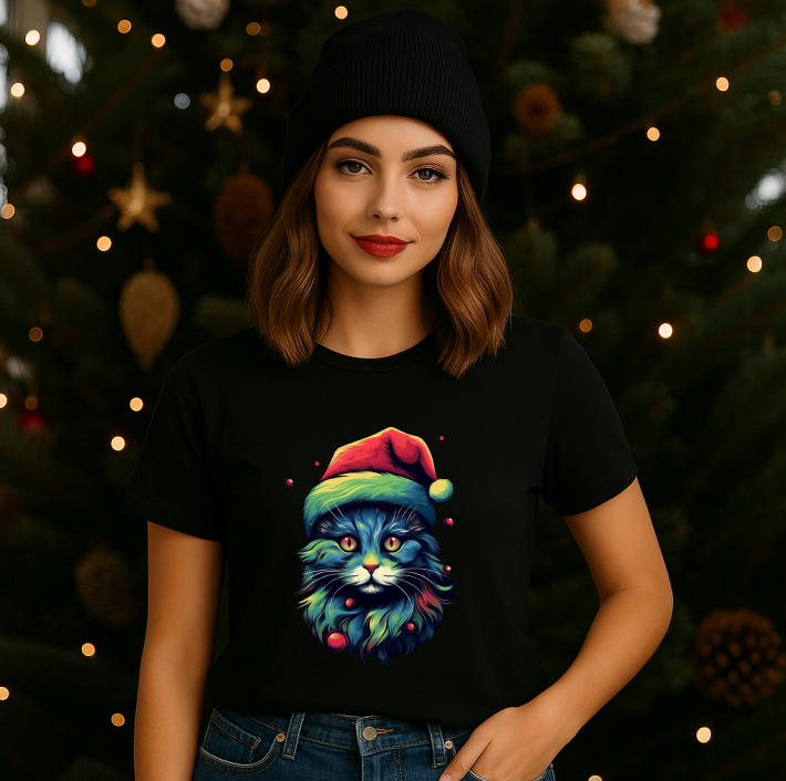 Tricou Unisex Cat Christmas Hat - imagine 2
