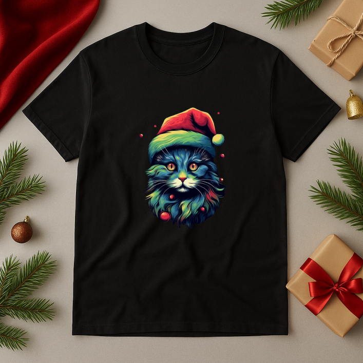 Tricou Unisex Cat Christmas Hat - imagine 3