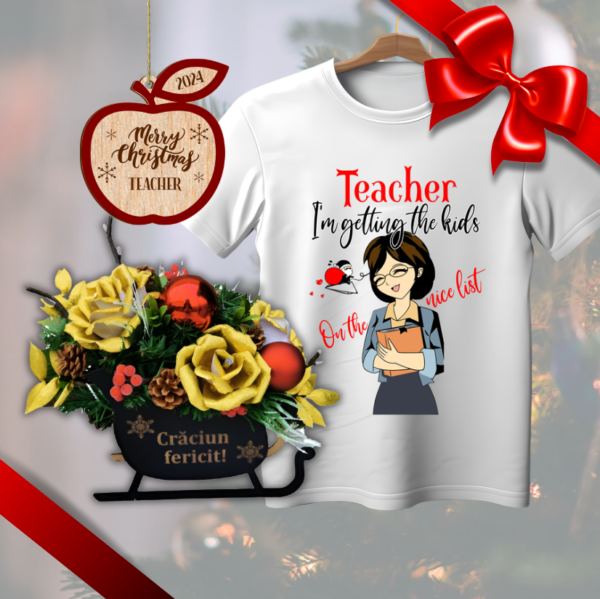 Set cadou Craciun profesoara, Tricou + Aranjament + Glob