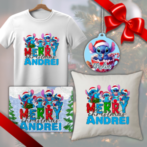 Set cadou Craciun copii, Tricou + Perna + Puzzle + Glob Lilo Stich