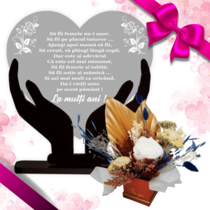 Set cadou Aniversare/ 8 Martie Mama, Trofeu + Aranjament trandafir criogenat