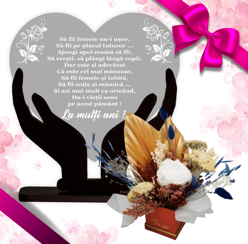 Set cadou Aniversare/ 8 Martie Mama, Trofeu + Aranjament trandafir criogenat