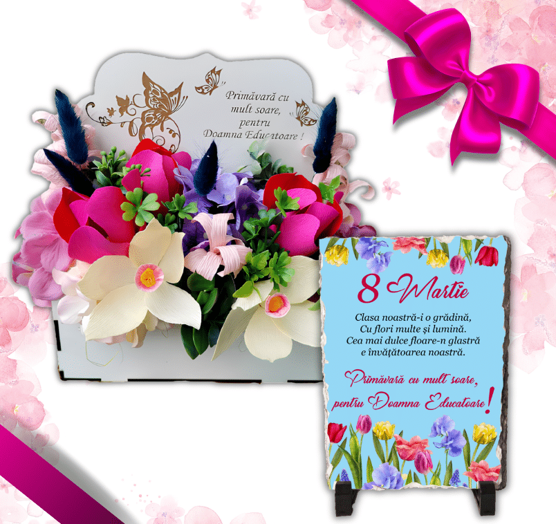 Set cadou 8 Martie Educatoare, Aranjament + Placuta Ardezie