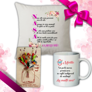 Set cadou 8 Martie Nasa, Tablou flori uscate + Perna + Cana