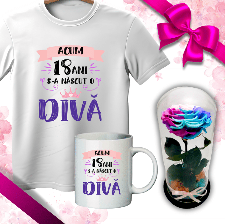 Set cadou majorat, Tricou + Trofeu + Cupola Trandafir Criogenat