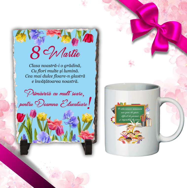 Set cadou 8 Martie Educatoare, Placuta Ardezie + Cana