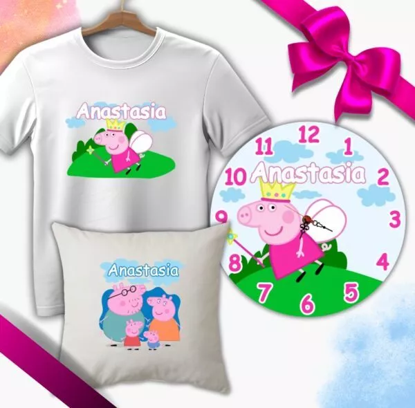 Set cadou copii, Tricou + Perna + Ceas Peppa Pig