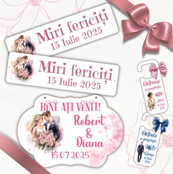 Set accesorii personalizate Nunta, Placuta Bine ati venit + Set placute masina + Set agatatori