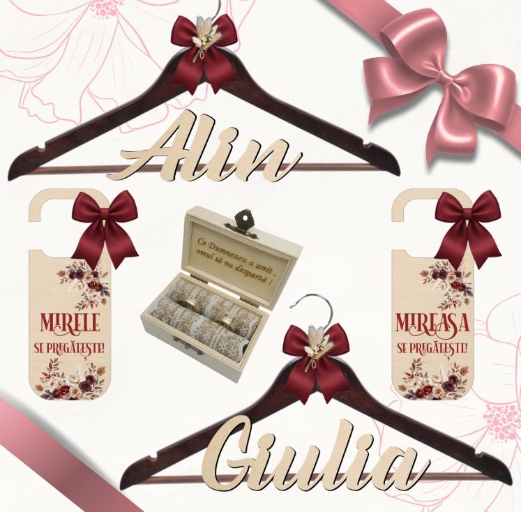 Set accesorii personalizate Nunta Boho Chic, Umerase + Cutie verighete + Set agatatori