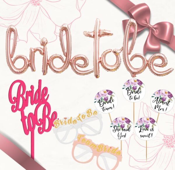 Set accesorii Bride to Be, Balon + Topper + Ochelari + Etichete Cupcakes
