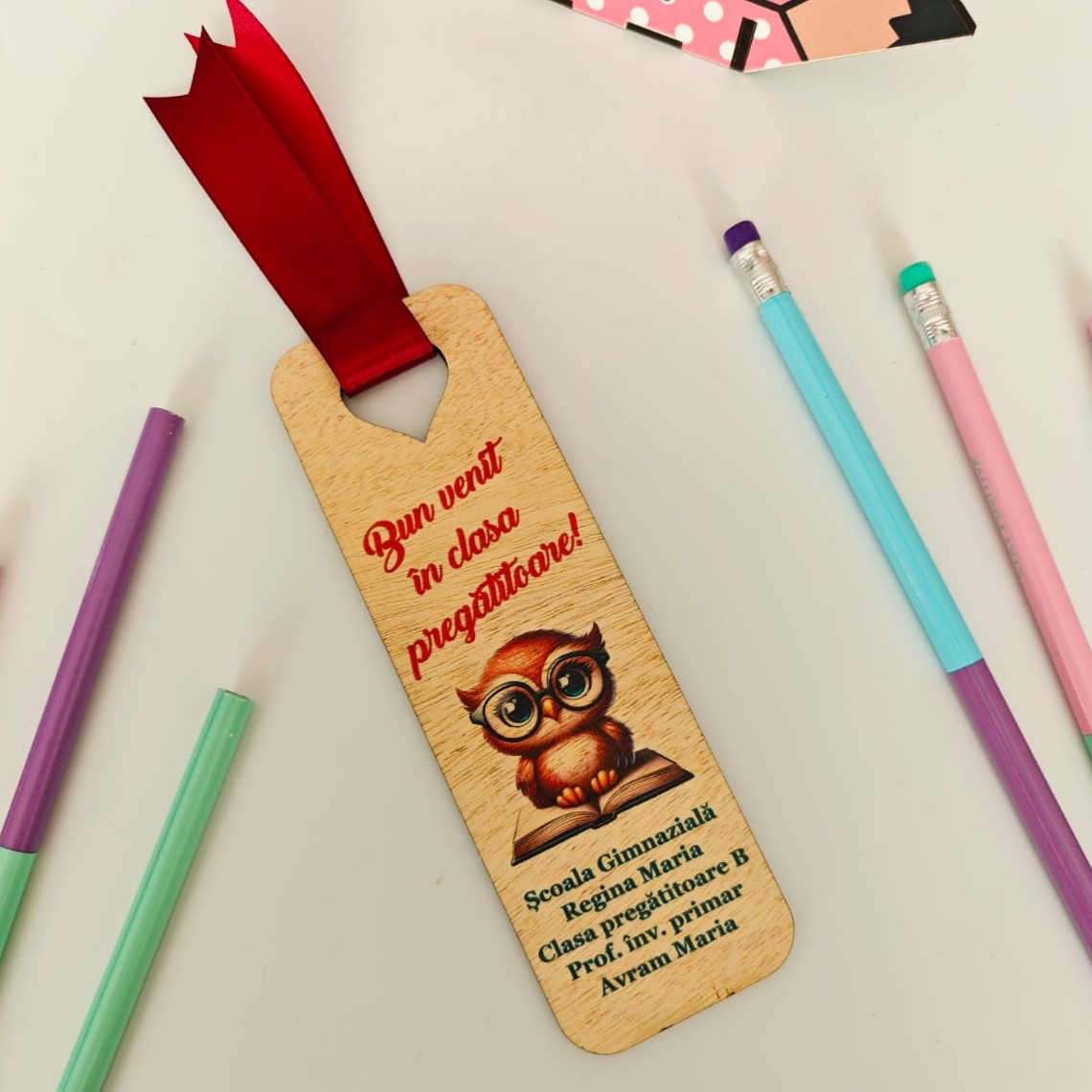 Semn carte lemn personalizat Prima zi de scoala Bufnita - imagine 2