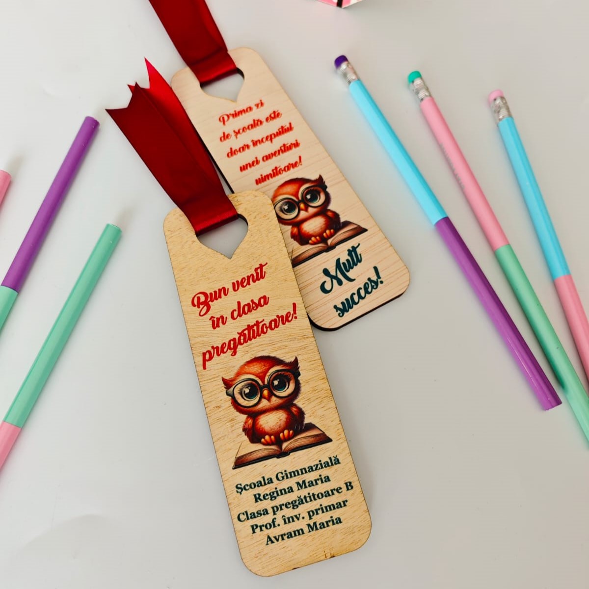 Semn carte lemn personalizat Prima zi de scoala Bufnita