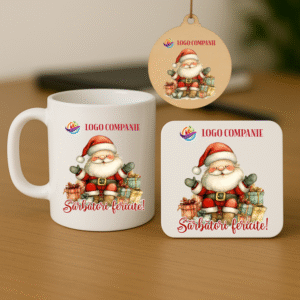 Cadou Craciun Corporate, Set Cana + Suport + Glob Personalizate Logo, Christmas Santa